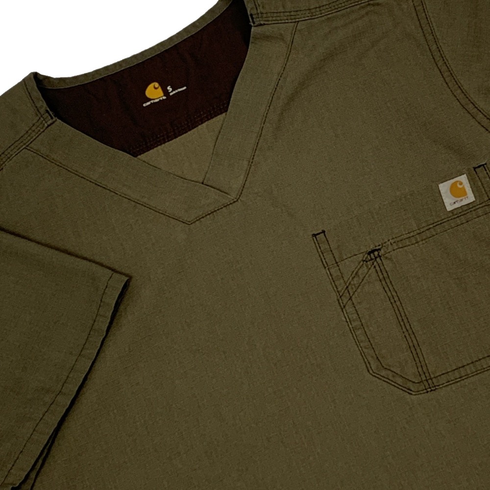 Carhartt Scrub Top Mens Small Olive Green Ripstop Utility V-Neck Shirt S